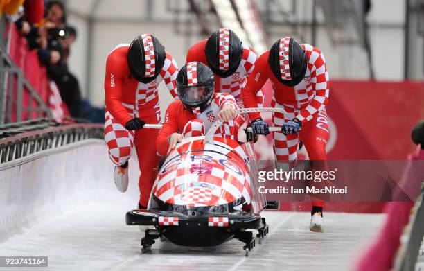 The Croatian Bobsleigh driven by Drazen Silic competes in Heat 1 of the 4-Man Bobsleigh at Olympic Sliding Centre on February 24, 2018 in...