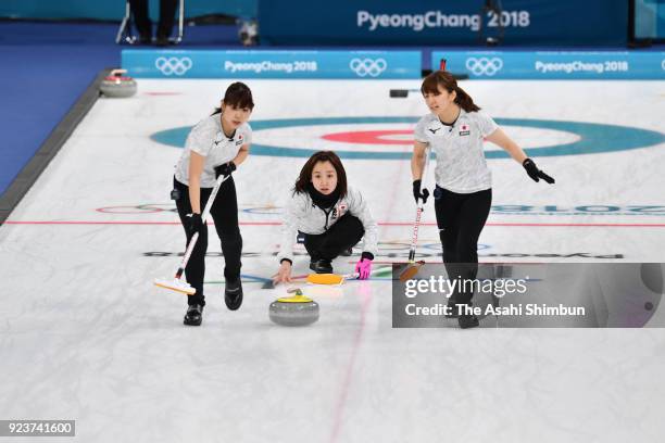 Satsuki Fujisawa of Japan delivers the stone in the 1st end during the Curling Womens' bronze Medal match between Great Britain and Japan on day...