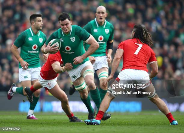 James Ryan of Ireland is tackled by CJ Stander of Wales during the NatWest Six Nations match between Ireland and Wales at Aviva Stadium on February...
