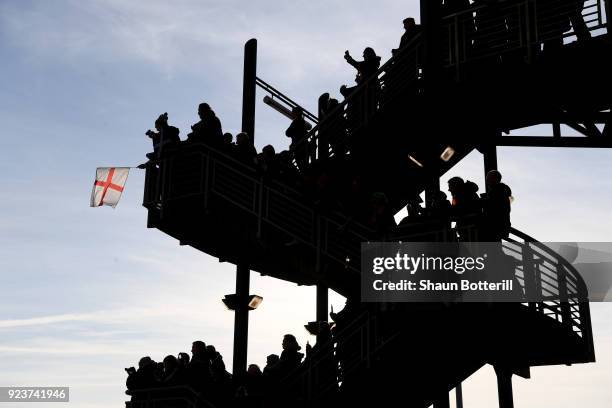 Fans line the stairs of the stadium to watch the team arrivals prior to the NatWest Six Nations match between Scotland and England at Murrayfield on...