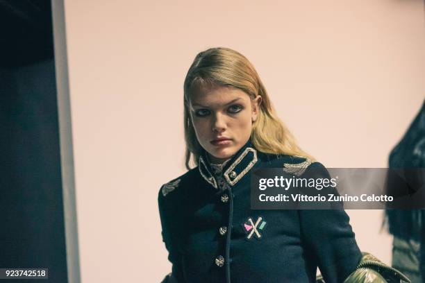 Model is seen backstage ahead of the Ermanno Scervino show during Milan Fashion Week Fall/Winter 2018/19 on February 24, 2018 in Milan, Italy.