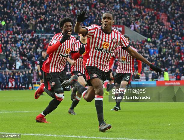 Joel Asoro of Sunderland celebrates after he scores the opening goal during the Sky Bet Championship match between Sunderland and Middlesbrough at...