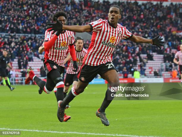 Joel Asoro of Sunderland celebrates after he scores the opening goal during the Sky Bet Championship match between Sunderland and Middlesbrough at...