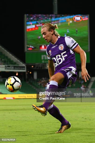 Joseph Mills of the Glory traps the ball during the round 21 A-League match between the Perth Glory and Melbourne City FC at nib Stadium on February...