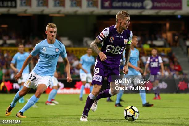 Andy Keogh of the Glory looks to pass the ball during the round 21 A-League match between the Perth Glory and Melbourne City FC at nib Stadium on...