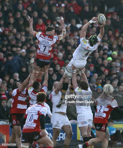 Lewis Ludlow of Gloucester watches as James Gaskell of Wasps catches the ball during the Aviva Premiership match between Gloucester Rugby and Wasps...