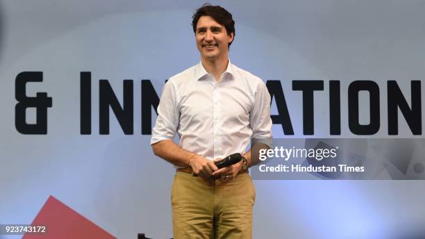 Canadian Prime Minister Justin Trudeau speaking at the United Nations Young Changemakers Conclave, on February 24, 2018 in New Delhi, India....