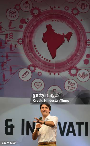 Canadian Prime Minister Justin Trudeau speaking at the United Nations Young Changemakers Conclave, on February 24, 2018 in New Delhi, India....
