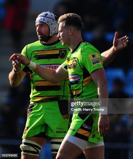 Harry Mallinder of Northampton Saints celebrates after scoring his sides third try during the Aviva Premiership match between Exeter Chiefs and...