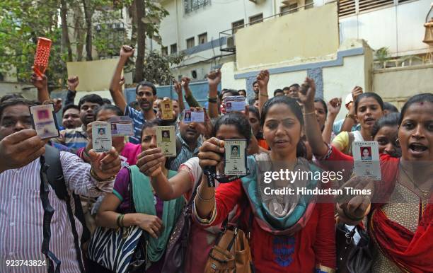 Factory workers of Gitanjali Jewellers protest outside factory at Marol, on February 23, 2018 in Mumbai, India. More than 500 workers at Gili India...