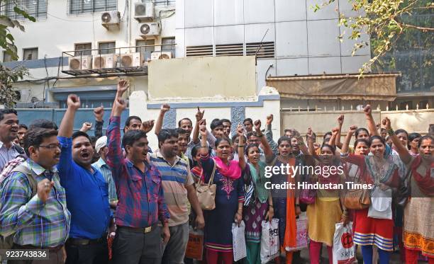 Factory workers of Gitanjali Jewellers protest outside factory at Marol, on February 23, 2018 in Mumbai, India. More than 500 workers at Gili India...