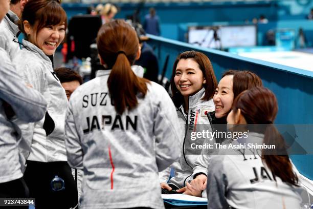 Mari Motohashi of Japan speaks to her team mates prior to the Curling Womens' bronze Medal match between Great Britain and Japan on day fifteen of...
