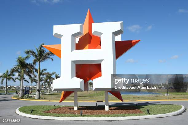 The Houston Astros logo is displayed outside The Ballpark of the Palm Beaches prior to the spring training game against the Atlanta Braves on...