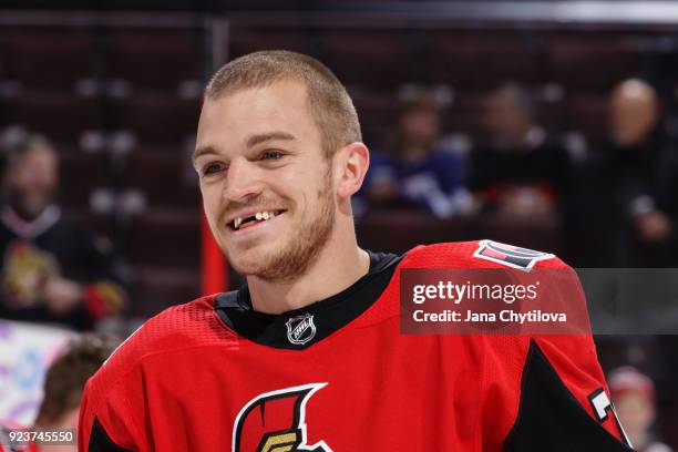 Mark Borowiecki of the Ottawa Senators smiles during warmups prior to a game against the Tampa Bay Lightning at Canadian Tire Centre on February 22,...