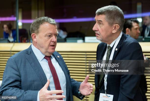 Danish Prime Minister Lars Lokke Rasmussen is talking with the Czech Prime Minister Andrej Babis during a round table meeting of the EU-Sahel at EU...