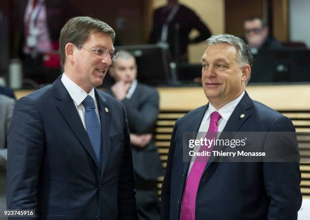 Slovenian Prime Minister Miro Cerar Jr. Is talking with the Hungarian Prime Minister Viktor Mihaly Orban during a round table meeting of the EU-Sahel...