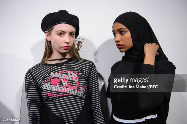 Models backstage prior to the Nicopanda show the London Fashion Week Festival February 2018 on February 24, 2018 in London, United Kingdom.