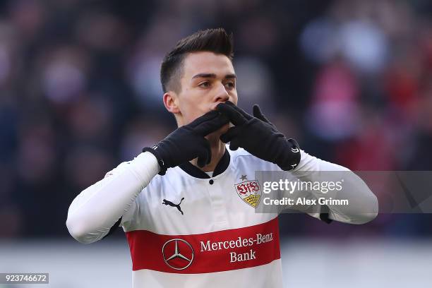 Erik Thommy of Stuttgart celebrates after he scored a goal to make it 1:0 during the Bundesliga match between VfB Stuttgart and Eintracht Frankfurt...