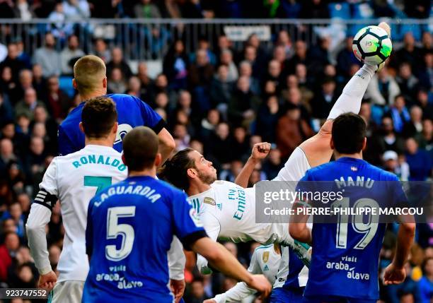 Real Madrid's Welsh forward Gareth Bale kicks the ball during the Spanish league football match between Real Madrid CF and Deportivo Alaves at the...