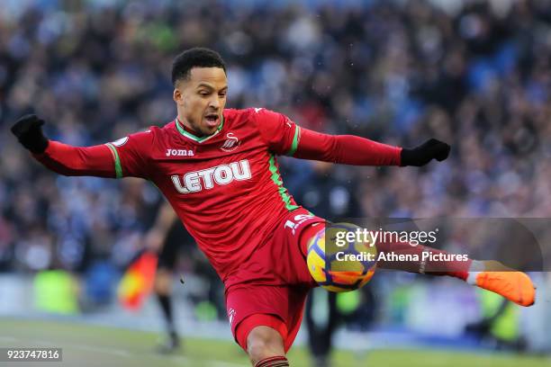 Martin Olsson of Swansea City takes a shot during the Premier League match between Brighton and Hove Albion and Swansea City and at the Amex Stadium...