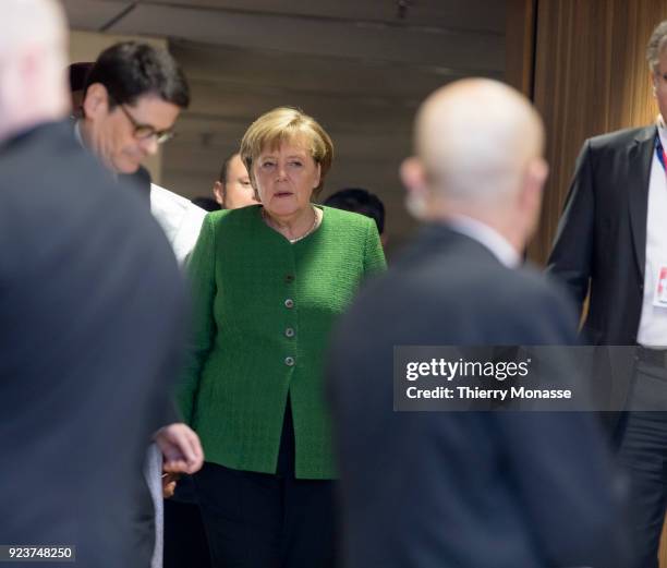 German Chancellor Angela Merkel is walking out at the end of the EU-Sahel at EU Commission headquarters in Brussels on February 23, 2018.European...