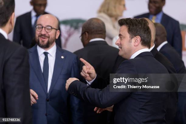 Belgium Prime Minister Charles Michel is joking with the Luxembourg Prime Minister Xavier Bettel at the end of the EU-Sahel at EU Commission...