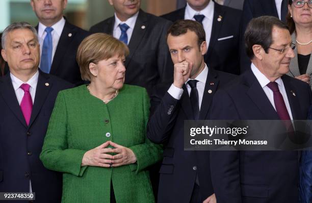 From Left: Hungarian Prime Minister Viktor Mihaly Orban, German Chancellor Angela Merkel, French President Emmanuel Macron, and the Cyprus President...