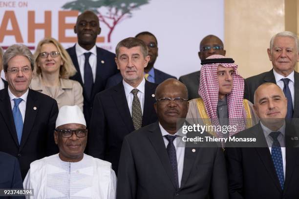 And Sahel leaders are posing for a family photo at the end of the EU-Sahel at EU Commission headquarters in Brussels on February 23, 2018.European...