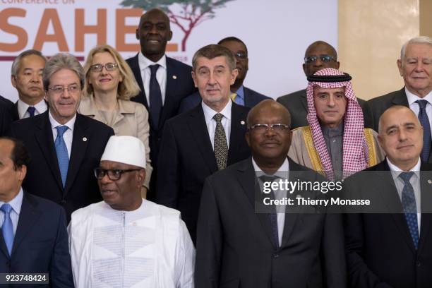 And Sahel leaders are posing for a family photo at the end of the EU-Sahel at EU Commission headquarters in Brussels on February 23, 2018.European...