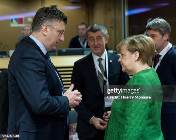 Croatian Prime Minister Andrej Plenkovic is talking with the German Chancellor Angela Merkel during a round table meeting of the EU-Sahel at EU...