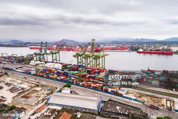 aerial view of santos port in brazil - anchored stock pictures, royalty-free photos & images