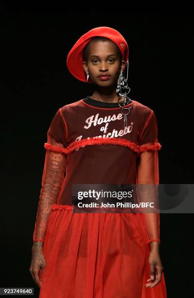 Model walks the catwalk during Nicopanda show the London Fashion Week Festival February 2018 on February 24, 2018 in London, United Kingdom.