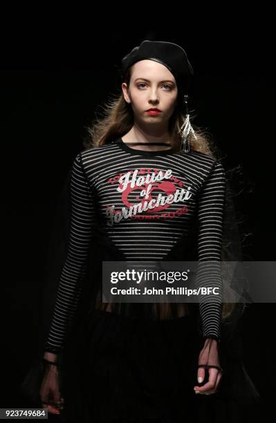 Model walks the catwalk during Nicopanda show the London Fashion Week Festival February 2018 on February 24, 2018 in London, United Kingdom.