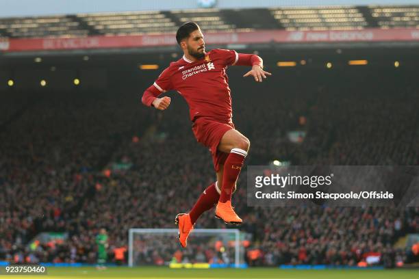 Emre Can of Liverpool celebrates after scoring their 1st goal during the Premier League match between Liverpool and West Ham United at Anfield on...