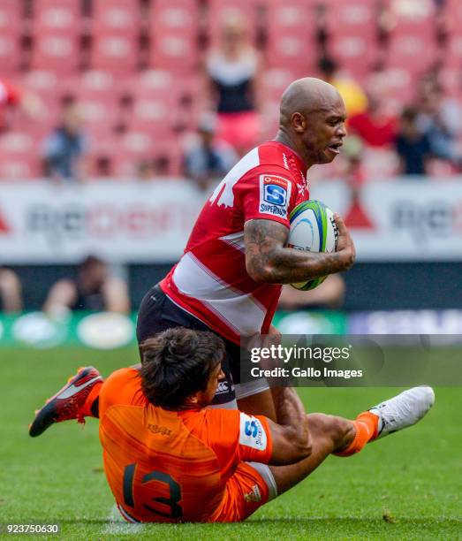 Lionel Mapoe of the Lions with possession during the Super Rugby match between Emirates Lions and Jaguares at Emirates Airline Park on February 24,...