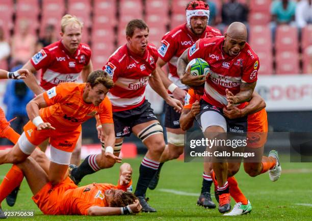 Lionel Mapoe of the Lions with possession during the Super Rugby match between Emirates Lions and Jaguares at Emirates Airline Park on February 24,...