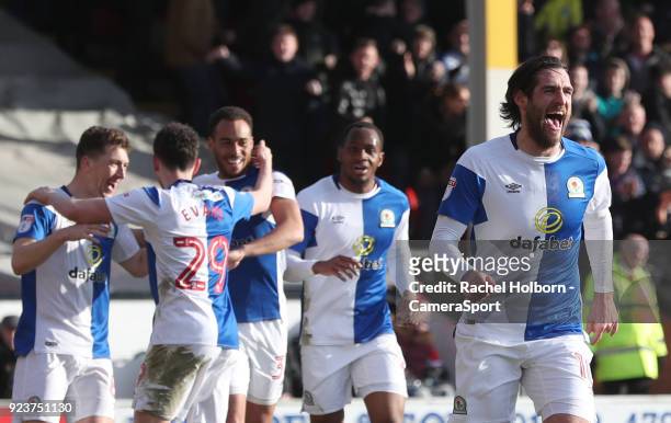 Blackburn Rovers' Danny Graham celebrates scoring his side's first goal during the Sky Bet League One match between Walsall and Blackburn Rovers at...