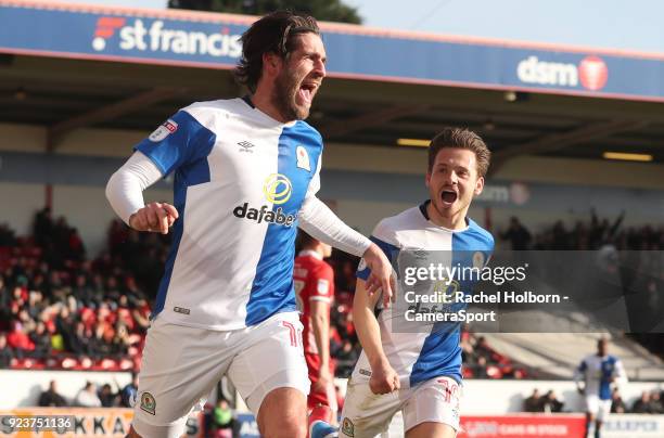 Blackburn Rovers' Danny Graham celebrates scoring his side's second goal during the Sky Bet League One match between Walsall and Blackburn Rovers at...