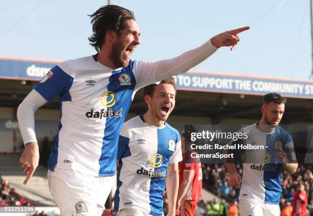 Blackburn Rovers' Danny Graham celebrates scoring his side's second goal during the Sky Bet League One match between Walsall and Blackburn Rovers at...
