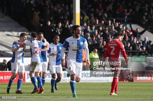 Blackburn Rovers' Danny Graham celebrates scoring his side's first goal during the Sky Bet League One match between Walsall and Blackburn Rovers at...
