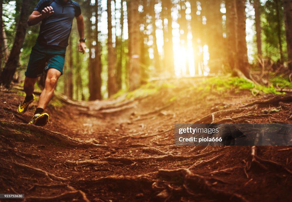 Man-trail lopen in het bos