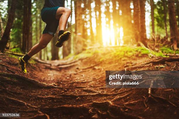 man trail running in the forest - running spikes stock pictures, royalty-free photos & images