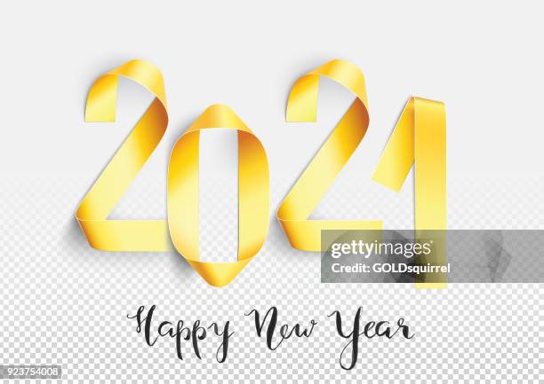 realistic new year 2021 card with hand-written text - handmade gold painted strips bent into numbers shapes - convex stock illustrations