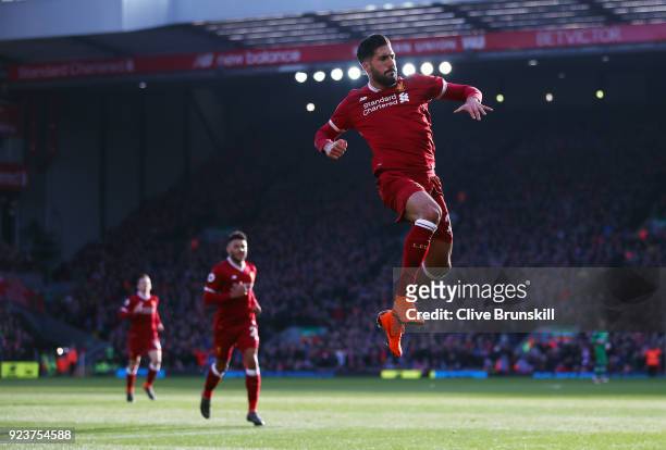 Emre Can of Liverpool celebrates scoring his side's first goal during the Premier League match between Liverpool and West Ham United at Anfield on...