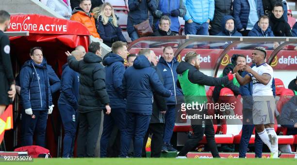 Adama Traore of Middlesbrough is sent off and argues with the fourth official during the Sky Bet Championship match between Sunderland and...