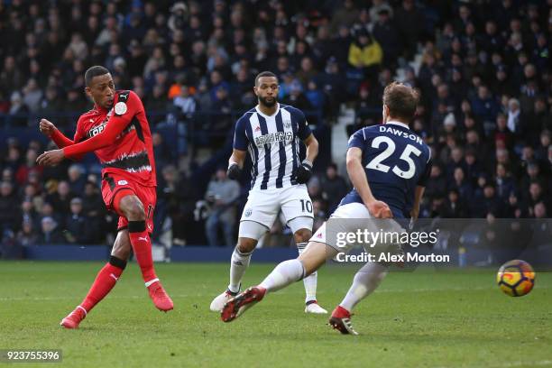 Rajiv van La Parra of Huddersfield Town scores his side's first goal during the Premier League match between West Bromwich Albion and Huddersfield...