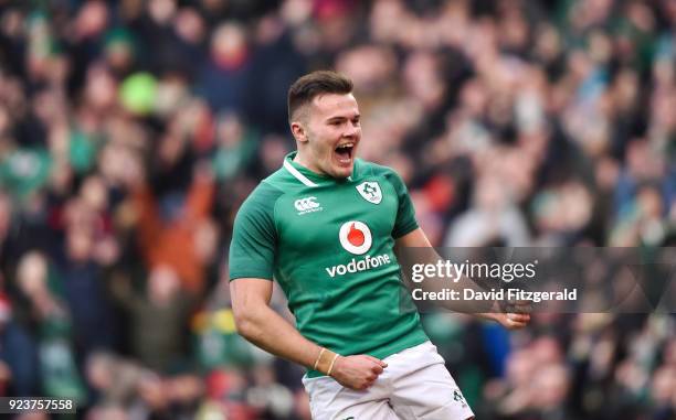 Dublin , Ireland - 24 February 2018; Jacob Stockdale of Ireland celebrates after scoring his side's fifth try during the NatWest Six Nations Rugby...