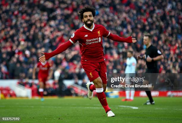 Mohamed Salah of Liverpool celebrates scoring his side's second goal during the Premier League match between Liverpool and West Ham United at Anfield...