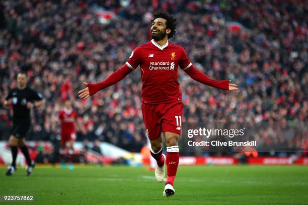 Mohamed Salah of Liverpool celebrates scoring his side's second goal during the Premier League match between Liverpool and West Ham United at Anfield...