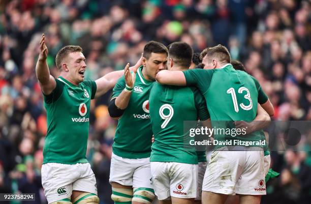 Dublin , Ireland - 24 February 2018; Dan Leavy, left, of Ireland runs in to celebrate with team mates after Jacob Stockdale scored their side's fifth...